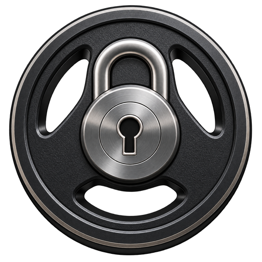 The LiftLock mark: a cast-iron weight plate with a padlock through its centre.