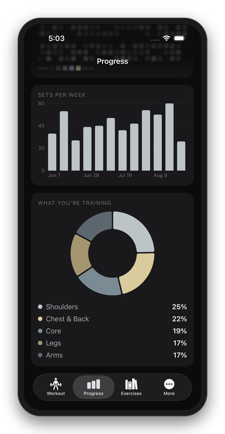 Sets per week as a bar chart, and a donut chart splitting training across chest and back, shoulders, arms, core and legs.