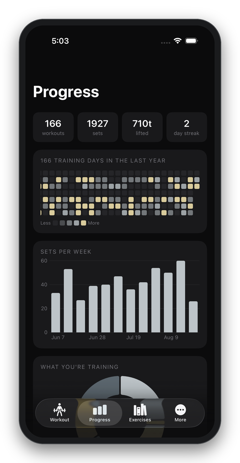 The Progress screen: a year of training days as a heatmap, above a bar chart of sets per week.