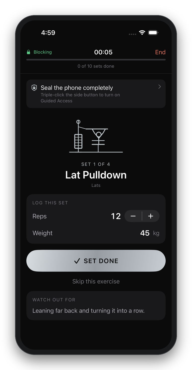 The LiftLock workout screen: a lat pulldown diagram, set one of four, reps and weight, and a green Blocking badge showing other apps are shielded.